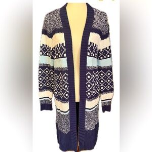 St. John’s Bay long open front cardigan in shades of blue and cream. Cozy casual